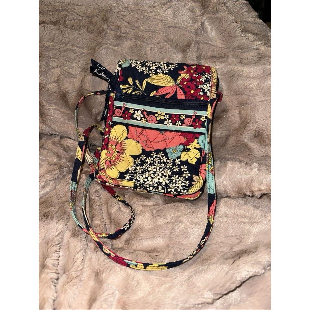 vera bradley front flap crossbody, navy pink blue pattern, used